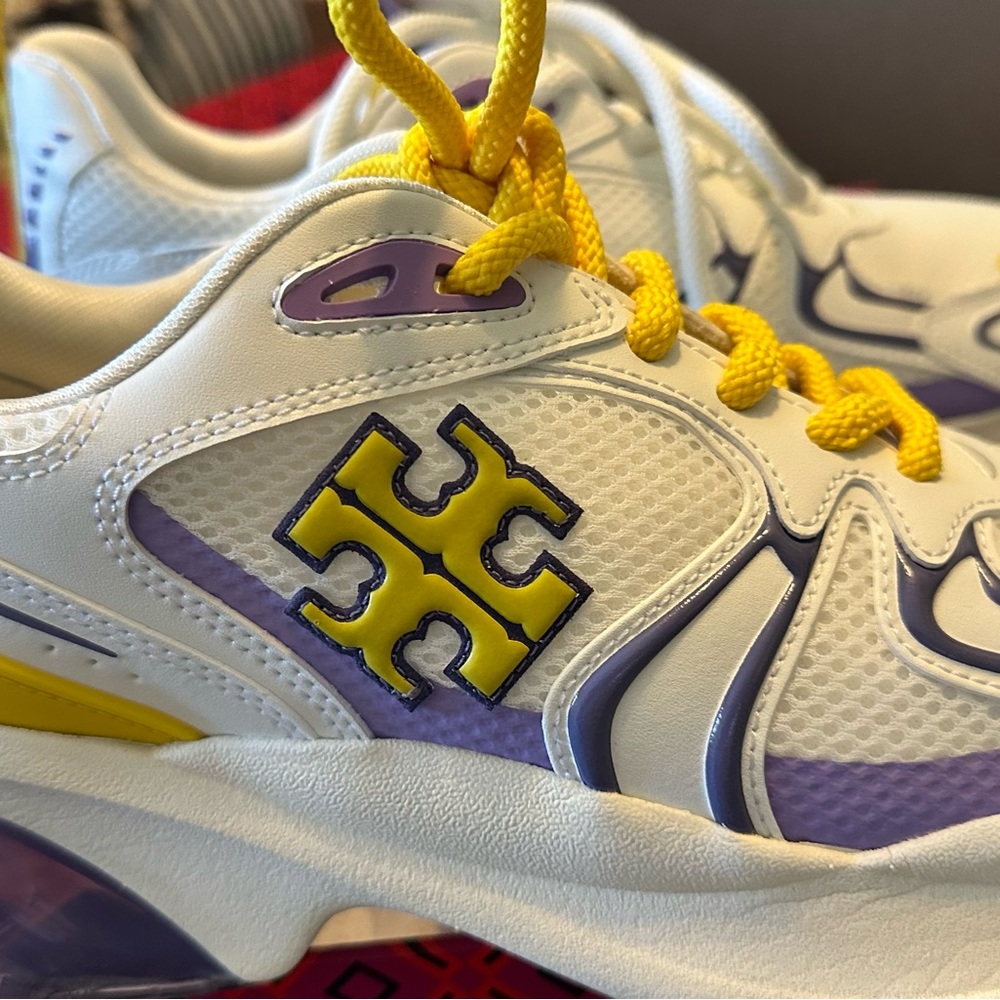 Tory Burch Good Luck Tech Trainer Mesh New Ivory/Golden Bright/Purple Sz 9